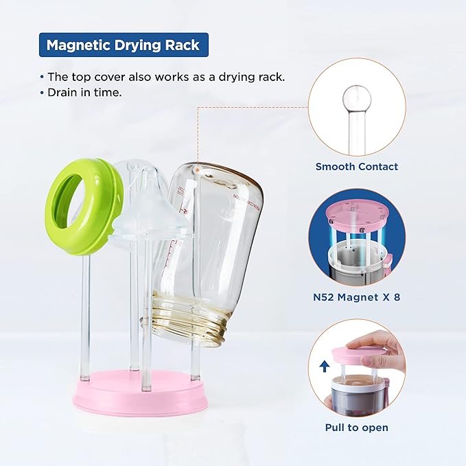YOTIME Travel Bottle Brush Set, 6in1 Bottle Cleaning Kit with Silicone Bottle Brush, Nipple Cleaner Brush, Straw Brush, Soap Dispenser, Bottle Drying Rack and Storage Box, Pink