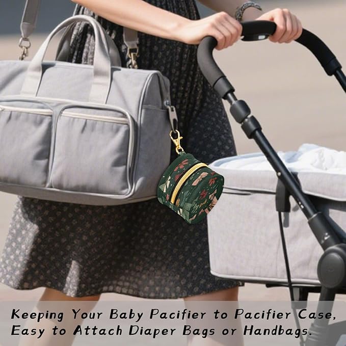 Pacifier Holder with Clip Pacifier Case for Diaper Bag Round Baby Pacifier Pouch Box Bag Portable Dark Green Bows and Stars