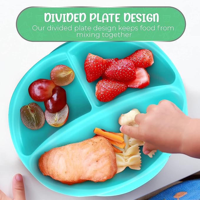 Silicone Suction Plate for Baby - 100% Food Grade Silicone Divided Plate | Toddler Self Feeding Training Suction Plate Set | BPA-Free, Microwave & Dishwasher Safe Stay Put Plates (Blue & Light Green)