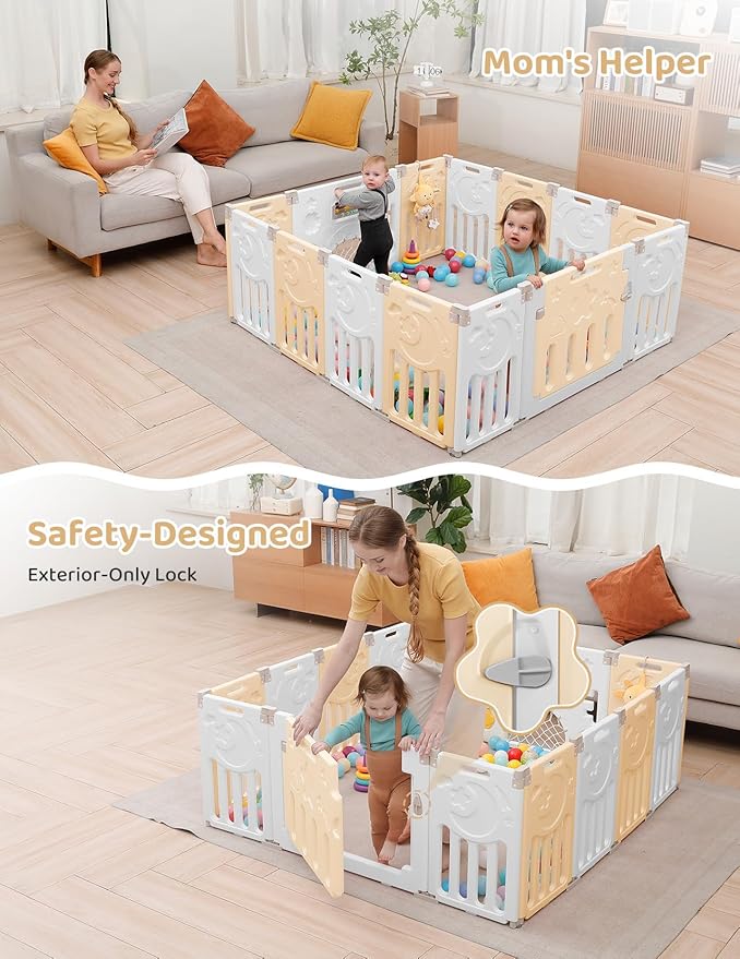 Baby Playpen, Dripex Baby Playard for Babies and Toddlers, 14-Panel Foldable Playpen Adjustable Portable Play Area, Indoor/Outdoor Kids Active Center with Game Panel & Safety Gate, Yellow White
