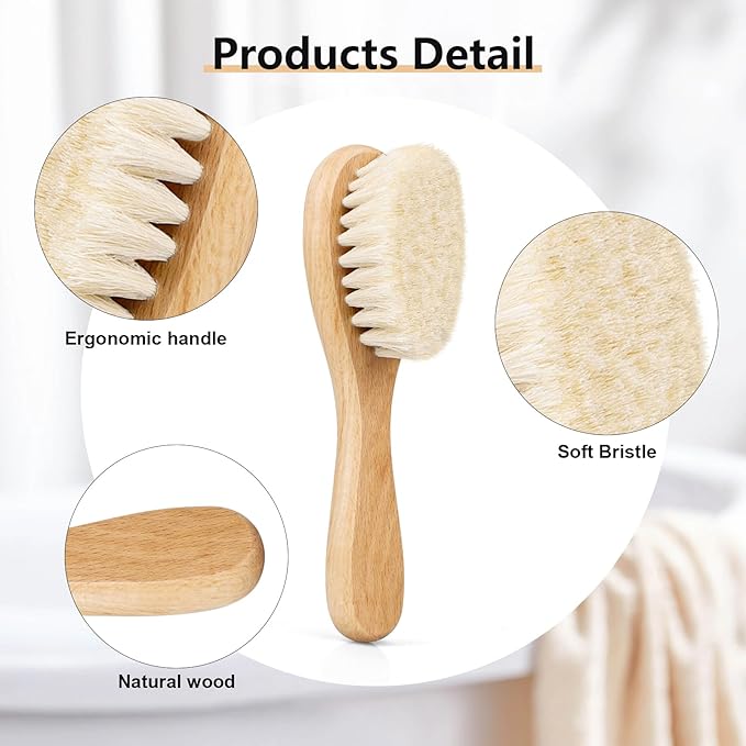 Baby Hair Brush, Goat Bristles Brush and Baby Cradle Cap Brush Set for Cradle Cap Wood Bristle Brush for Newborns and Toddlers (2 Piece)