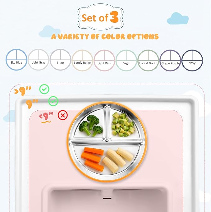 Bakpoco Stainless Steel Suction Plates for Toddlers, 9" Divided Kids Baby Plates with Removable Silicone Suction, Non Toxic Non Slip Portion Control Snack Dishes 3 Packs, Bright Orange/Blue/Green