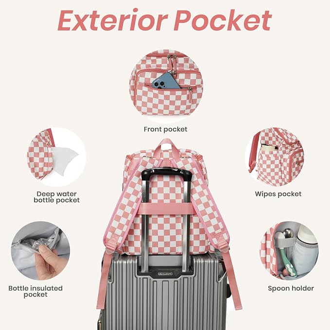 FHELAD Checkered Diaper Bag Backpack with Changing Pad & Stroller Clips, Large Travel Baby Diaper Bag for Newborn Moms, Baby Shower Gifts (Peach Pink)