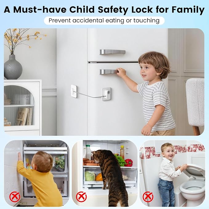 4 Pack Mini Fridge Lock, Child Proof Cabinet Lock with 4 Keys, Upgraded Refrigerator Locks Baby Proofing for Freezer, Cabinets, Drawers, Air Fryer, Closets, Windows and Doors, NO DRILLING