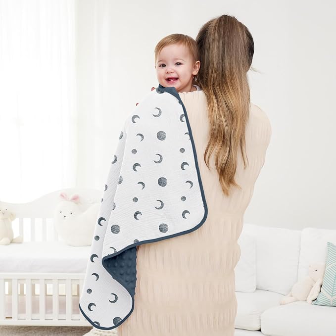 Susurration Baby Blanket for Unisex Boys Girls, 2 Pack Soft Fluffy Crib Blankets with Muslin Cotton Front and Dotted Fleece Back, Receiving Blanket for Baby Newborn Infant, 30x40in, Bluemoon&Navy Blue