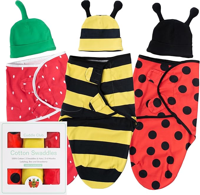 Cuddle Club Swaddles for Newborns - Baby Swaddle Blanket for Boys & Girls - Adjustable Hook-and-Loop Cotton Wrap for Newborn 0-3 & 3-6 Months with hat