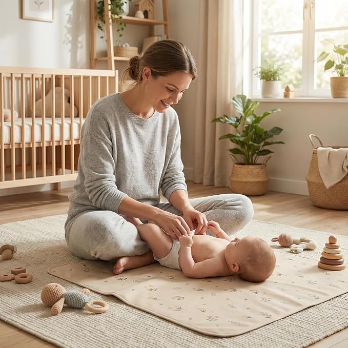 Vegan Leather Baby Changing Mat - Wipeable Portable Changing Pad, Foldable Travel Changing Mat for Baby, Newborns Toddlers Shower Gifts (Flower,20"*28")