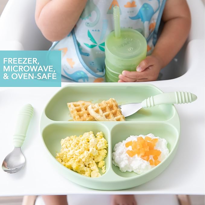 Bumkins Toddler and Baby Suction Plate, Divided Grip Dish for Babies and Kids, Baby Led Weaning, Feeding Supplies, Sticks to Tables and Highchairs, Platinum Silicone, for Chidren 6 Months, Sage