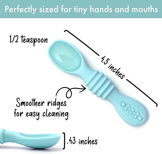 PrimaStella Silicone Chew Spoon Set for Babies and Toddlers | Safety Tested | BPA Free | Baby Spoon 6 Pack (Blue/Green)