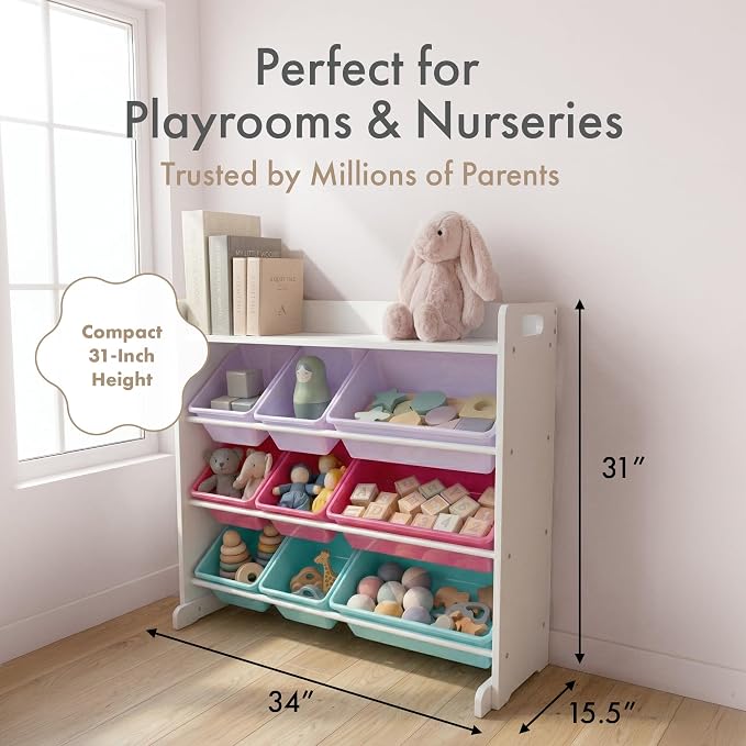 Humble Crew Toy Storage Organizer with 9 Removable Storage Bins for Kids Playroom, 3-Tier with Top Shelf Toddler Toy Organization, White/Pink/Purple/Aqua