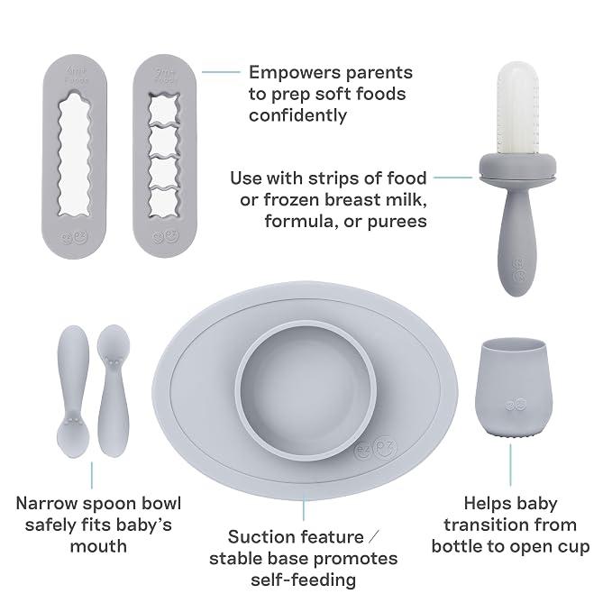 ezpz Kit 2: Learn to Eat and Drink (Pewter) - Tools to Help Your Baby Practice Chewing, Sipping, and Self-Feeding - Start Solids + Baby-Led Weaning Safely - Shower Essentials & Gifts