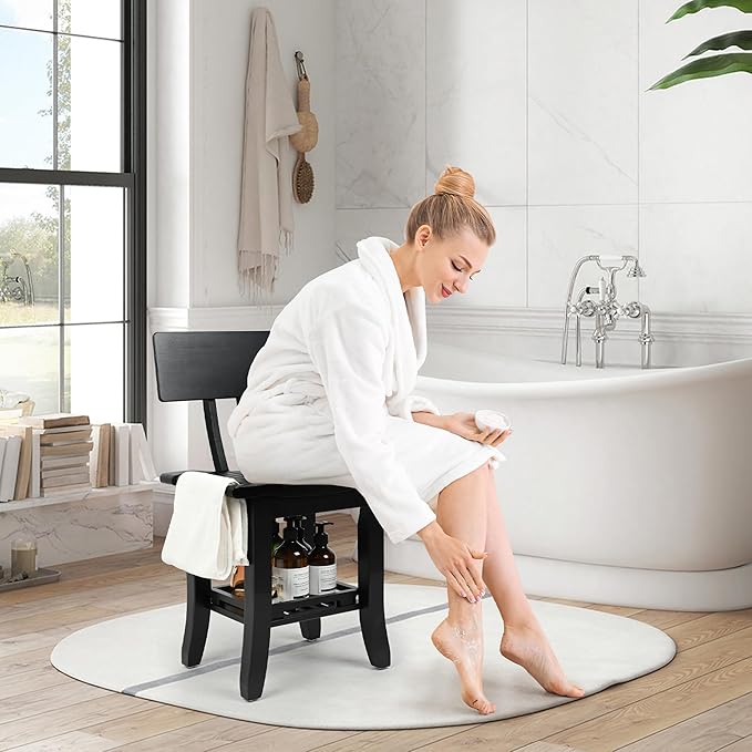 Two-Tier Bamboo Shower Chair for Inside Shower, Waterproof Baby Bath Seat with Storage Shelf, Soap Dish and Shower Head Holder, Shower Stool for Seniors Adults Disabled Pregnant(Black)