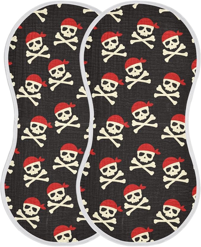 Muslin Burp Cloths for Baby Boys and Girls - 2-Pack Ultra Absorbent Pirate Skull Muslin Washcloths, Newborn Towel, Milk Spit Up Rags, Burp Cloth Bibs for Unisex, 22 x 11 Inch