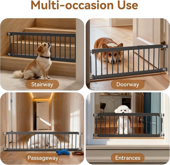 Short Dog Gate,18"-45" Adjustable Extra Wide Metal Dog Gate to Step Over, 10" Tall Small Pet Gate with 3 Extension Kits for Doorway、Stair.