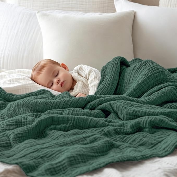 EMME Muslin Baby Blankets 100% Cotton 4-Layer Swaddle 40"x50" Lightweight Soft Breathable for Toddler, Infant, Newborn All Season Gauze Blanket, Forest Green