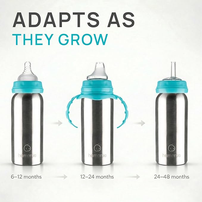 3-in-1 Stainless Steel Newborn Baby Bottle ??Grows into Sippy and Straw Cup, Leak-Proof Insulated, Ages 0??, 6 oz Teal