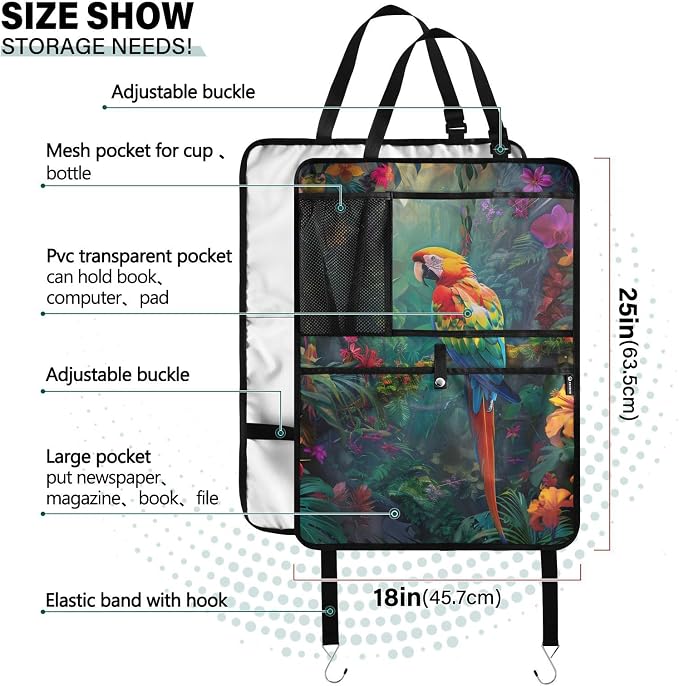 JIPONI Car Backseat Organizer, Parrot Macaw Tropical Automotive Back Seat Protector, Kick Mats with Storage Pockets for Kids Pets, Road Trip Accessories (2 Pack)