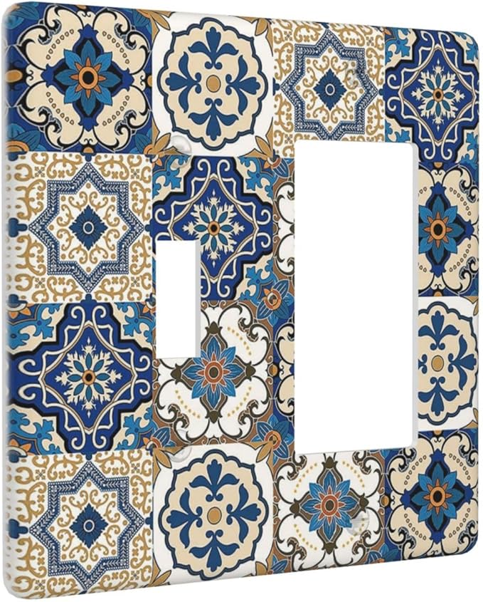 Boho Talavera Decorative Tile Moroccan Mandala Print Outlet Covers 1 Toggle 1 Rocker Combination Decorative Wall Plate Electrical Switch Plates Light Switch Cover Plate for Bathroom Kitchen Decor