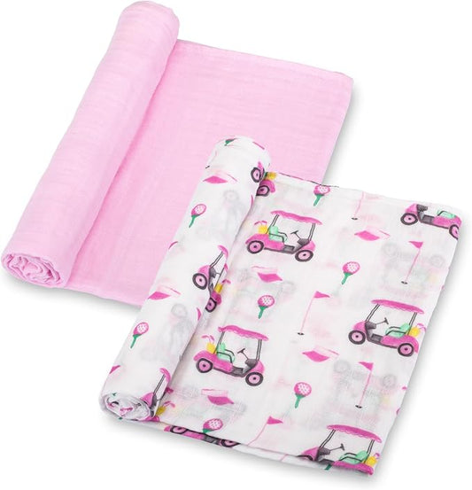 LollyBanks Muslin Swaddle Blankets 2 Pack, 100% Cotton Baby Blanket for Girls, Soft and Breathable 47 x 47 Inches Newborn Receiving Blanket, Newborn Essentials Must Haves (Pink Golf and Pink)