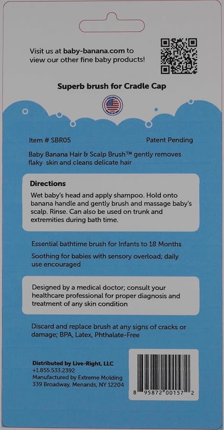 Baby Banana Hair & Scalp Brush for Cradle Cap and Bathtime, Made in USA, Infant to 12 Months, Flexable, Variable Pressure Scalp and Body Scrubber, Sensory Stimulation, Essential Baby Shower Gift