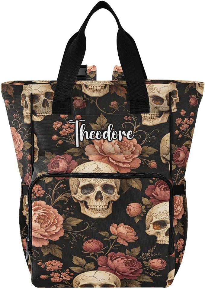 Personalized Sugar Skull Peonies Diaper Bag Large Cap Insul Mom Dad