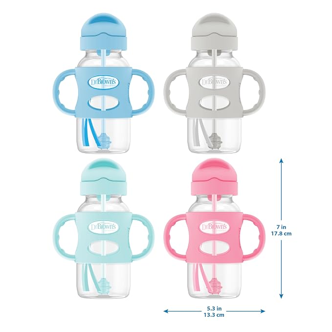 Dr. Brown's Wide-Neck Sippy Straw Bottles with Silicone Handles, Gray and Green, 9oz/270ml, 2-Pack