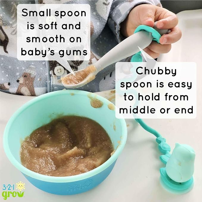• Easy Learn Baby Spoon & Tether Set • Baby Spoon with Tether for Babies and Toddlers • Keeps Spoon Off Floor • Ages 6 mo+ • Dishwasher Safe (Bear, Plum)