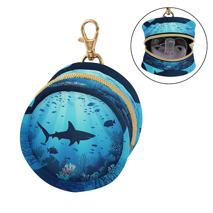 Pacifier Holder with Clip Pacifier Case for Diaper Bag Round Baby Pacifier Pouch Box Bag Portable Sharks Coral Reef Tropical Blue