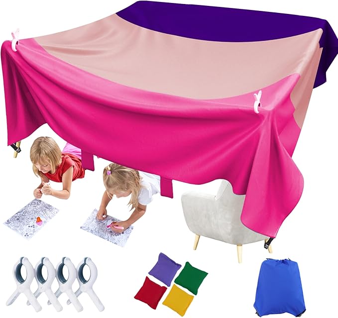 Magic Kids Fort Building Kit, 3 * 3m Large Blanket Fort Making Kit Clips Portable Playhouse Play Tent Fort - Indoor/Outdoor Girls/Boys Toys Ages 4-8-12