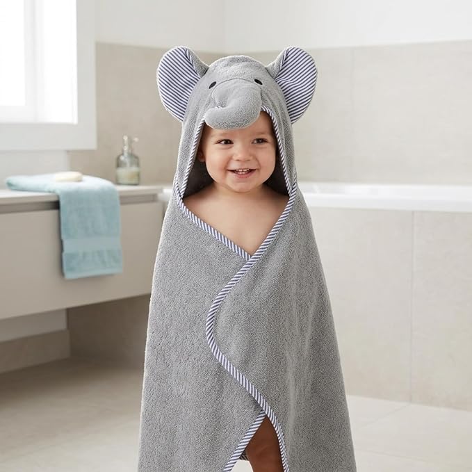 EVERYDAY KIDS Hooded Baby Toddler Bath Towel for Boys and Girls - 3D Gray Elephant with Ears and Trunk; Soft and Absorbent Terry Cloth Hooded Towel for Young Kids; Gender Neutral Baby Bath Essential
