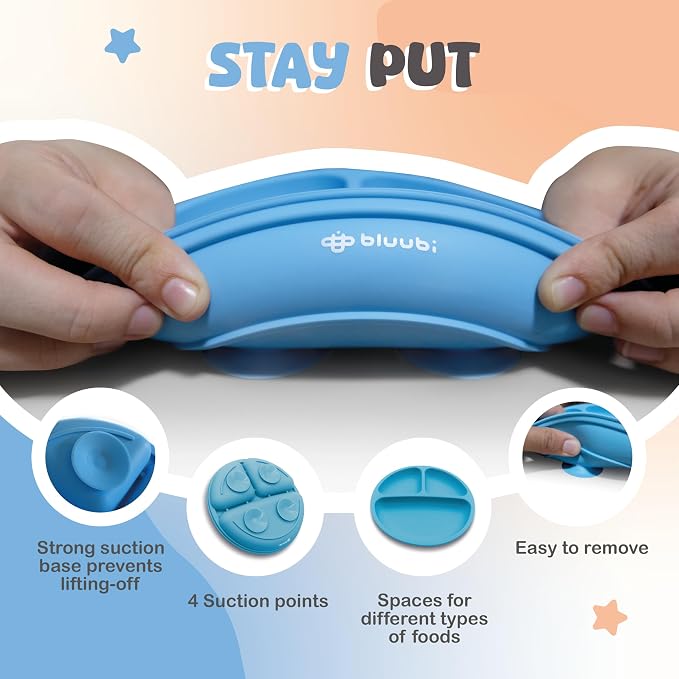 Silicone Baby Feeding Set - Infant Tableware for First Foods & Baby, Led Weaning (0+ Months), Easy to Clean, Durable, Perfect for Baby Boy or Girl, Solid Feeding - Blue - Standard