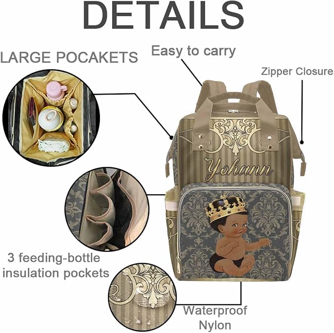 M YESCUSTOM Personalized Baby Diaper Bag - Vintage Custom Golden Crown Prince Backpack With Name, Waterproof, Large Capacity for Nursing and Nappy - Mommy Bag Gift for Mom