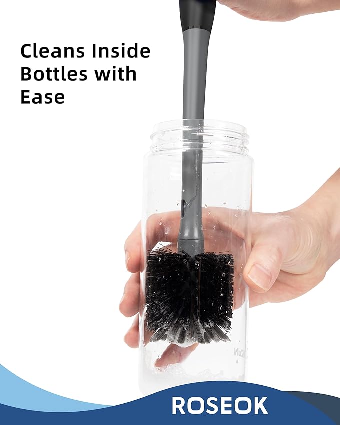 ROSEOK 2 in 1 Long Handle Bottle Brush with Straw Brush for Cleaning Glass, Sports Bottle, Coffee Mug, Black, 1 Pack