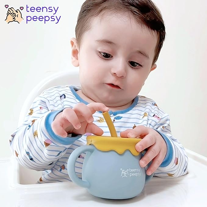 Honey Jar Pot 3-in-1 Silicone Training Cup 8.5oz, Baby Sippy Cup with Straw & Snack Lid for 6 months+ Straw Cup for Baby Boy Gift, Toddler Smoothie Drinkware (Honey Jar Blue)