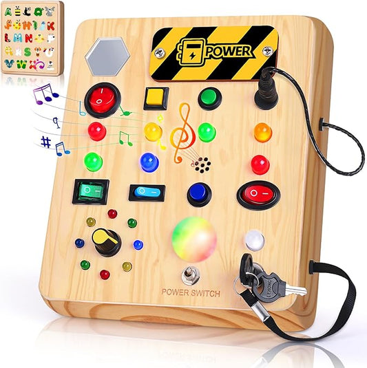 TINTECUSA Busy Board with LED Light, Wooden Sensory Toys for Toddler, Montessori Music Toy for Airplane, Travel Activity Educational Learning Autism Toys, Birthday Boys Girls Gifts