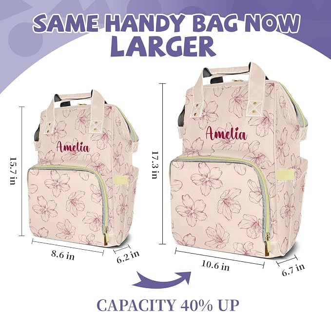 Custom Diaper Backpack, Upgraded Large Capacity Baby Changing Bag, Personalized With Name, Multifuction Mommy Backpack With Insulated Pockets for Boys Girls, Floral