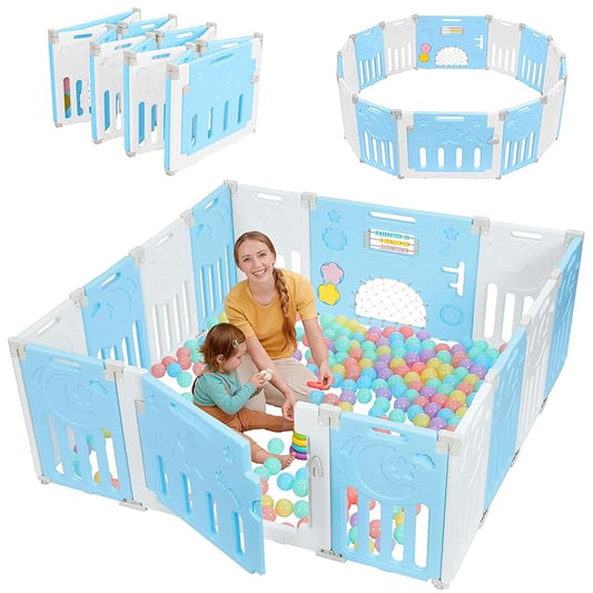 Baby Playpen, Dripex Baby Playard for Babies and Toddlers, 14-Panel Foldable Playpen Adjustable Portable Play Area, Indoor/Outdoor Kids Active Center with Game Panel & Safety Gate, Blue White