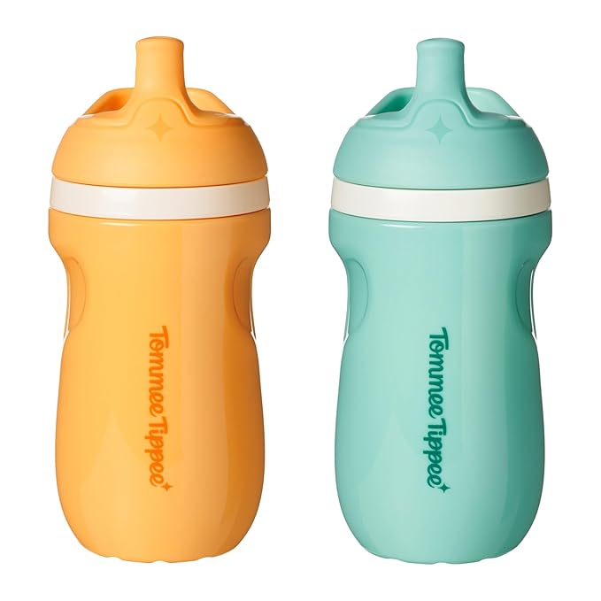 Tommee Tippee Insulated 9oz Sporty Spout Toddler Water Bottle, No Spill, Sippy Cups for Toddlers 1-3, Two-Piece Valve Helps Stop Spills, Light Blue & Orange, BPA Free, Pack of 2