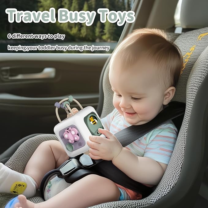 SOCBTNSO Baby Busy Board Cube, Toys for Boy Girl, Montessori Travel Toys for Toddlers, Learning Fine Motor Skills| Birthday Gifts for Infant Boys Girls