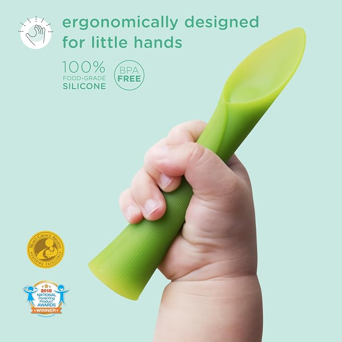 Olababy Training Spoon Set (Kiwi/Blueberry) + Olababy Clear Sense Silicone Storage Containers 4pk (Blueberry, 4 oz)