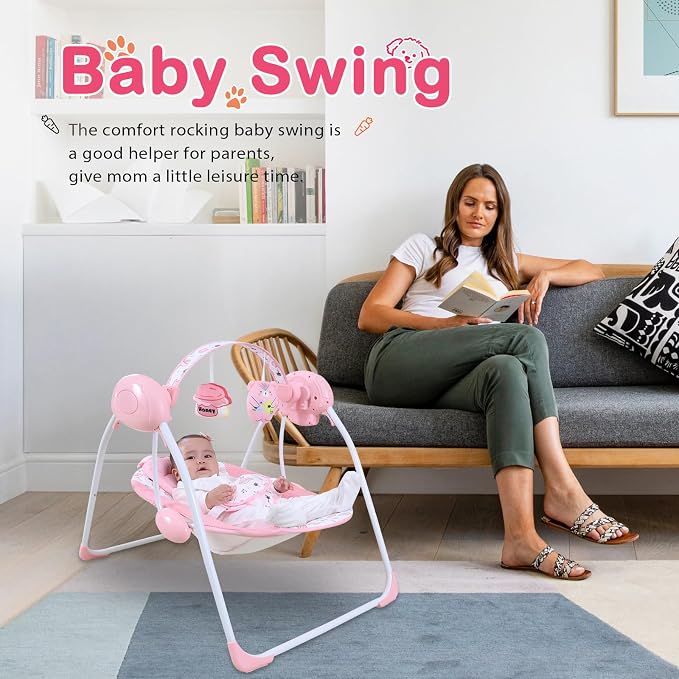Baby Swing for Infants, Compact Foldable with 5 Speeds, Music & Soothing Vibration, Cute Floral Pattern Soft Cushion Seat,Timer & Removable Bar, Indoor Use, 0-9 Months (6-20 lbs) Pink