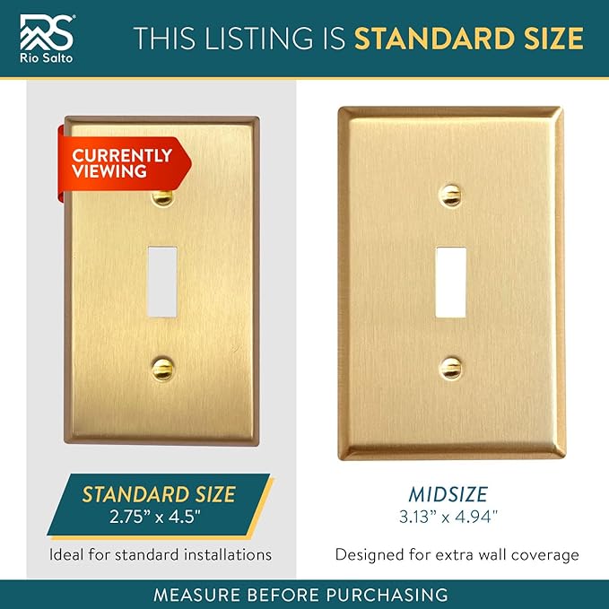 Rio Salto BRASS Signature Collection Brushed Brass Gold Metal Outlet Cover, Decorative Light Switch Cover Plate Wall Plate, Premium, Toggle Flip Switch 1-Gang, 2.75" X 4.50" Standard Size 2-pk