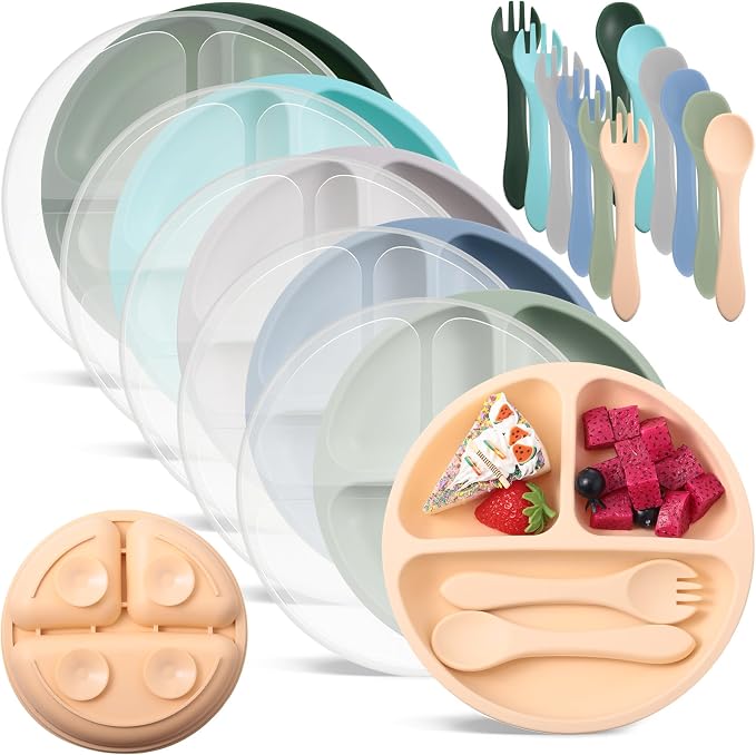 Meanplan 6 Pack Suction Plates for Toddlers with Lids Silicone Baby Plates set Food Grade Silicone Divided Design Microwave and Dishwasher Safe Assorted Colors(Mixed Colors)