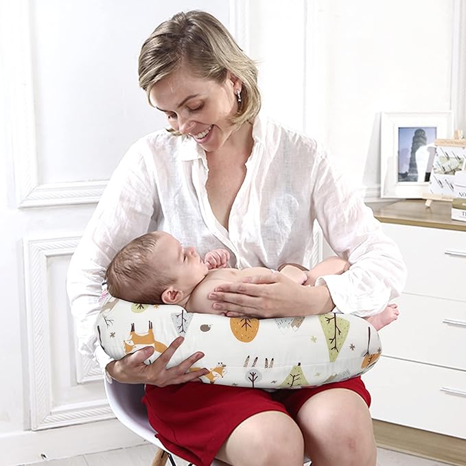 LAT Nursing Pillow for Breastfeeding,100% Cotton Removable Cover,Ergonomic Breast Feeding Pillows for Mom and Baby,Machine Washable(Fox Rabbit & Bear)