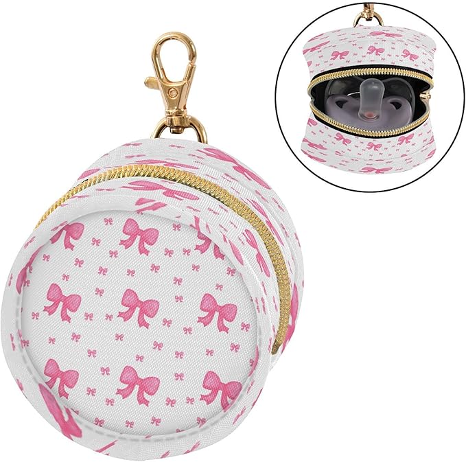 Watercolor Pink Bows Pacifier Holder Case with Clip Portable Small Travel Pacifier Pouch for Mom Bag Zipper Coin Purse Pendant