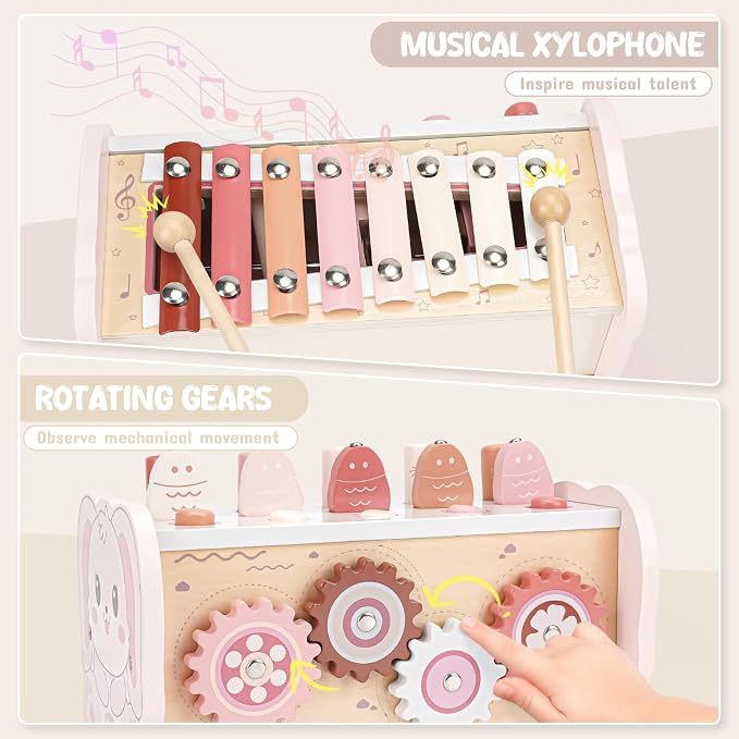 Joyreal Montessori Toys for 1 Year Old Girl Gift - Pink Wooden Hammering Pounding Toy with Xylophone & Fishing Game - Toddler Learning Activities for Kids 1+ 2 3 Year Old Christmas Birthday Gifts