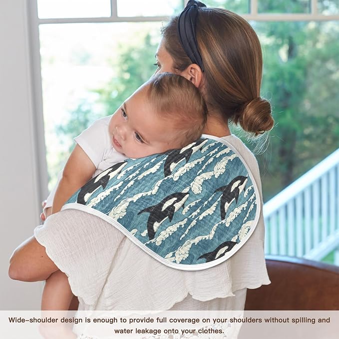 Muslin Burp Cloths for Baby Boys and Girls - 2-Pack Ultra Absorbent Killer Whale Orca Muslin Washcloths, Newborn Towel, Milk Spit Up Rags, Burp Cloth Bibs for Unisex, 22 x 11 Inch