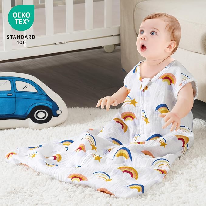 david's kids Muslin Cotton Baby Sleep Sack 6-12 Months, 2 Pack 100% Cotton Sleeping Bag for Summer, TOG 0.5 Baby Wearable Blankets with 2-Way Zipper, Soft Sleep Sacks for Newborn Infant, Rainbow