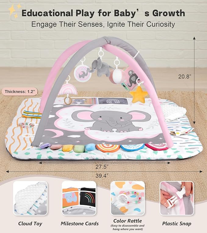 Baby Play Mat Activity Gym, 6 Developmental Zones Tummy Time Mat, 6 Detachable Sensory Toys and Educational Cards, Essential Baby Shower Set, Pink Koala