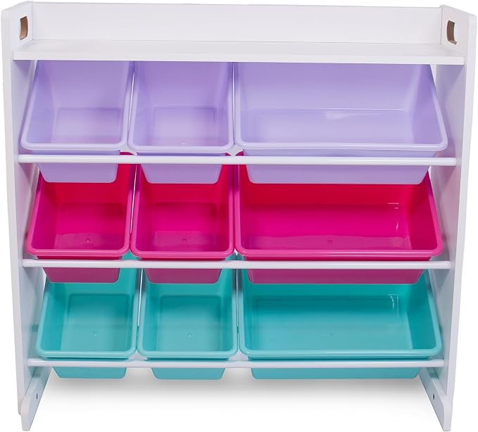 Humble Crew Toy Storage Organizer with 9 Removable Storage Bins for Kids Playroom, 3-Tier with Top Shelf Toddler Toy Organization, White/Pink/Purple/Aqua